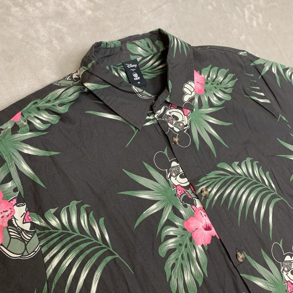 Disney Mickey Mouse Camp Shirt Men  Medium Black Hawaiian Button Up Short Sleeve